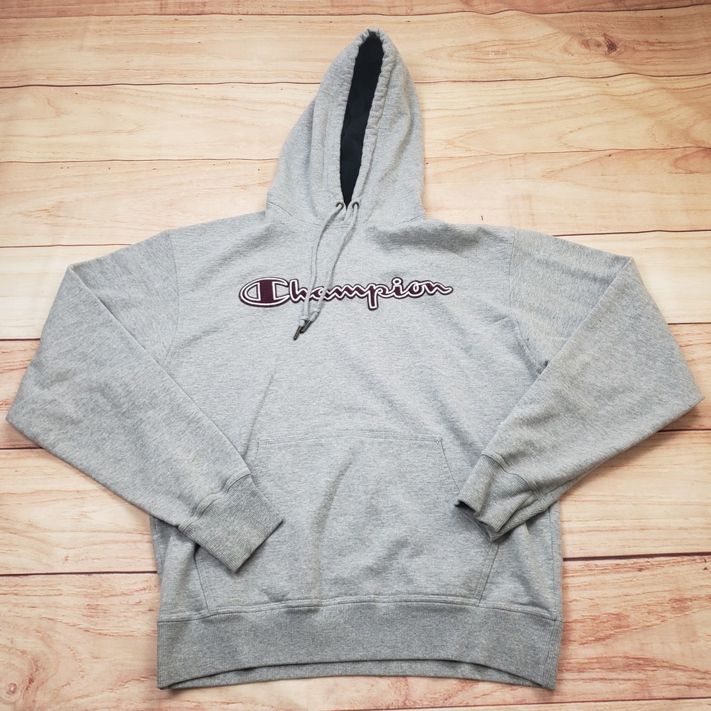 Champion‎ Sweater Mens Medium Heather Gray Maroon Embroidered Sweatshirt Hoodie